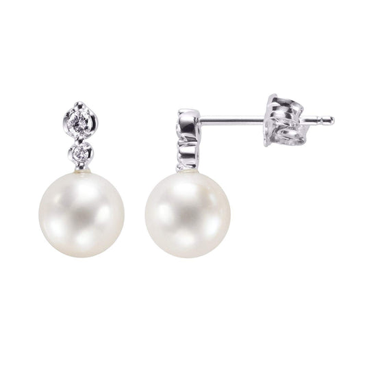 10K White Gold Genuone Diamond & FreshWater Pearl Earrings