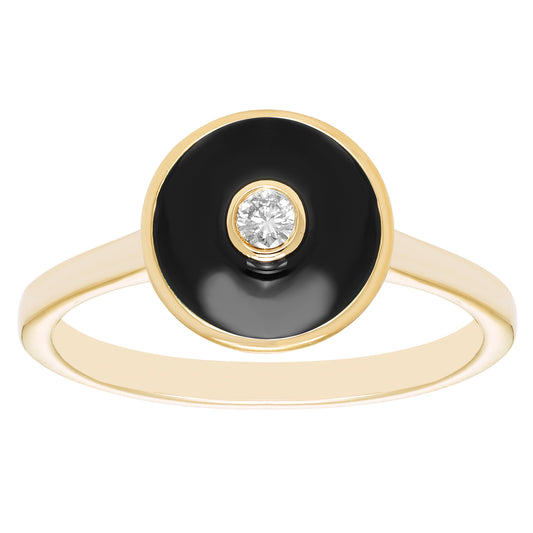 Diamond & Black Enamel Art-Deco Ring in 14K Yellow Gold Plated Sterling Silver