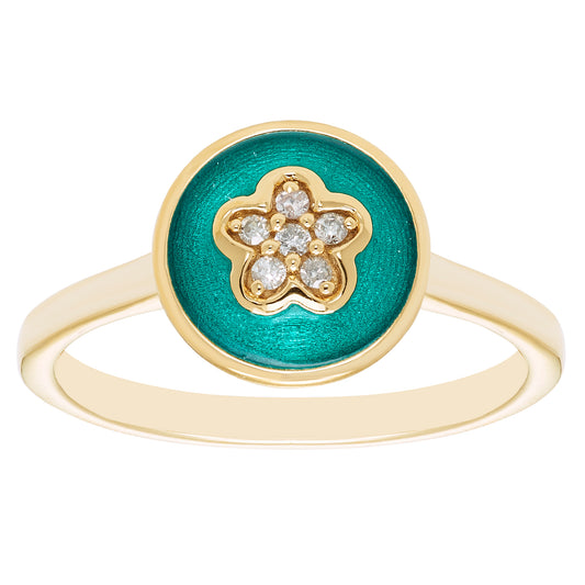 Diamond & Green Enamel Floral Ring14K Yellow Gold Plated Sterling Silver