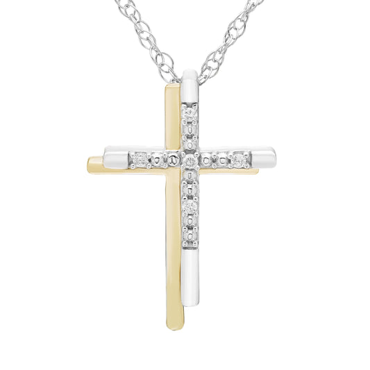 Two-Tone Diamond Cross Pendant in 14K Yellow Gold Plated Sterling Silver