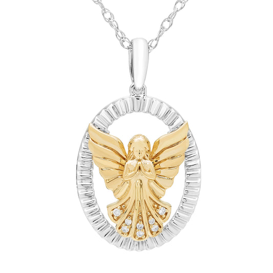 Two-Tone Diamond Angel Pendant in 14K Yellow Gold Plated Sterling Silver