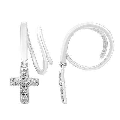 1/8cttw Diamond Endless Wire Threader Cross Earrings in Sterling Silver