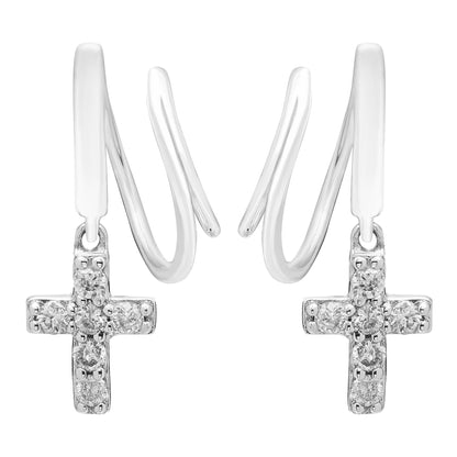 1/8cttw Diamond Endless Wire Threader Cross Earrings in Sterling Silver