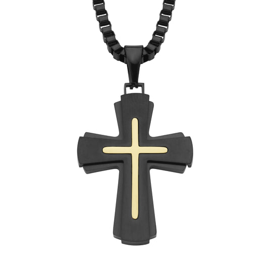 Cross Pendant in IP Black & Yellow Stainless Steel with 24" Box Chain