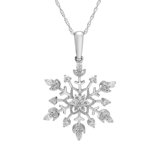 10K White Gold 1/4cttw Genuine Diamond Snowflake Pendant with Chain