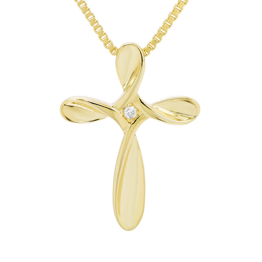 Genuine Diamond Twisted Cross Pendant in 14K Yellow Gold Sterling Silver