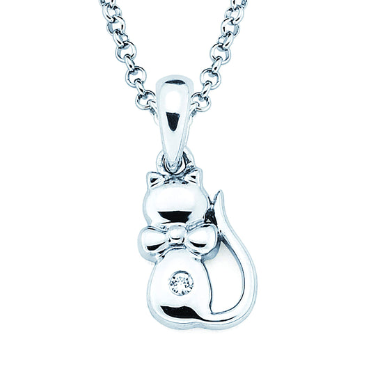 Genuine Diamond Children's Kitty Cat Pendant in Sterling Silver