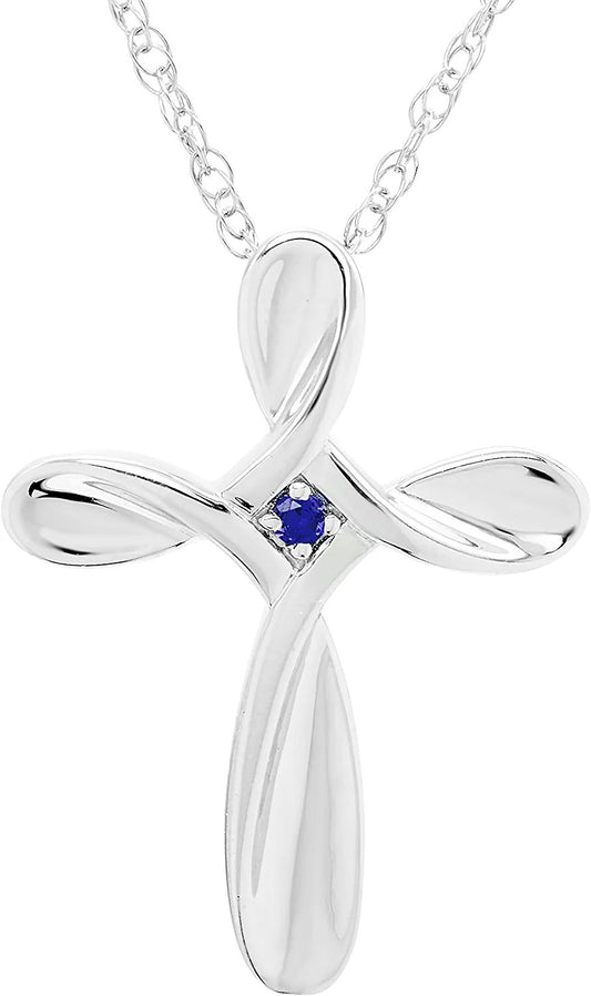 Sterling Silver Lab-Grown Blue Sapphire Cross Pendant with chain