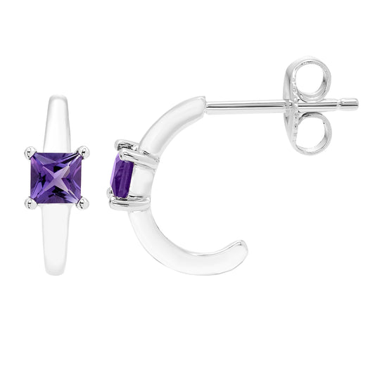 Amethyst Princess Cut Half Hoop February Birthstone Earrings in .925 Sterling Silver