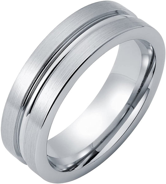 Cobalt Chrome 7mm Brushed Matte & Drop Center Channel Accent Comfort Fit Fashion or Wedding Band Ring