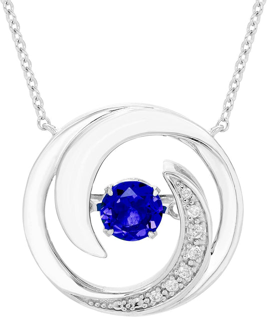 Lab-Grown 4.5mm Blue Sapphire Sterling Silver Dancing Gemstone & Genuine Diamond Circle 20" Necklace