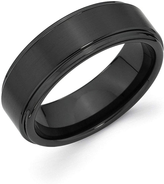 Black Ceramic 7mm  Raised Flat Center & Stepped Edge Fashion or Wedding Band Ring