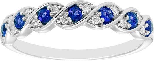 Sterling Silver Lab-Grown Blue Sapphire & 1/10cttw Genuine Diamond Stacking Ring