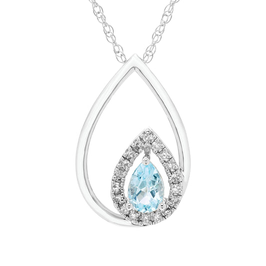 Blue Topaz Pear Cut & 1/8cttw Diamond Double Teardrop Pendant Necklace in .925 Sterling Silver with 18" Rope Chain