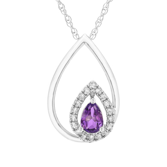 Amethyst Pear Cut & 1/8cttw Diamond Double Teardrop Pendant Necklace in .925 Sterling Silver with 18" Rope Chain