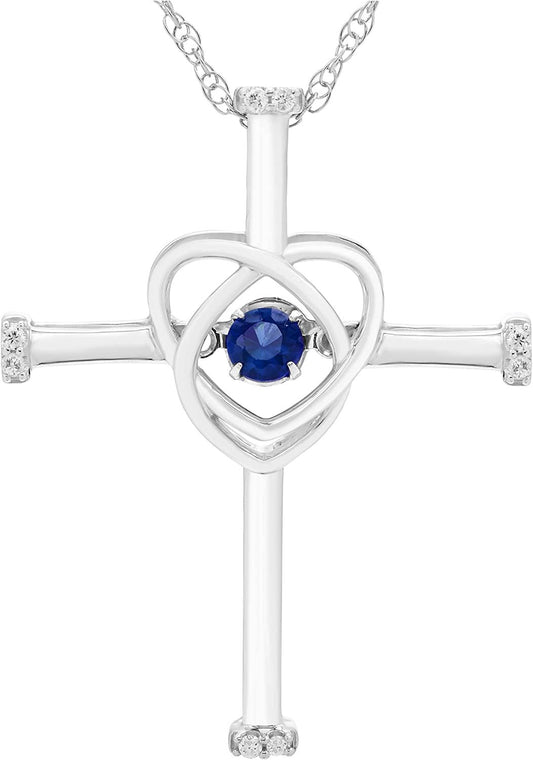 Lab-Grown Blue Sapphire Dancing Gemstone & Genuine Diamond Cross Pendant in Sterling Silver