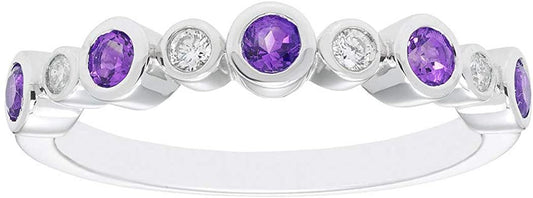 Sterling Silver Amethyst & 1/12cttw Genuine Diamond Bezel Set Stacking Ring