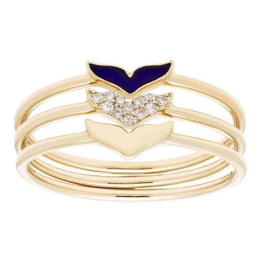 Diamond & Enamel 3 Ring Stack in 14K Yellow Gold Plated Sterling Silver