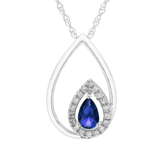 Lab-Grown Blue Sapphire Pear Cut & 1/8cttw Diamond Double Teardrop Pendant Necklace in .925 Sterling Silver with 18" Rope Chain