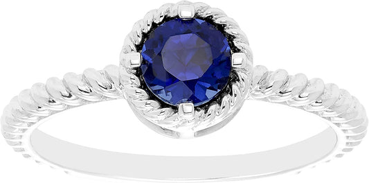 Lab-Grown Blue Sapphire Gemstone Rope Halo Solitaire Stacking Ring in Sterling Silver