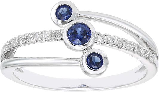 10K White Gold Lab-Grown Blue Sapphire & 1/10cttw Genuine Diamond Statement Ring