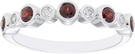 Sterling Silver Garnet & 1/12cttw Genuine Diamond Bezel Set Stacking Ring