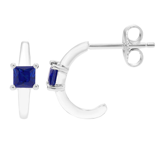 Lab-Grown Sapphire Princess Cut Half Hoop September Birthstone Earrings in .925 Sterling Silver