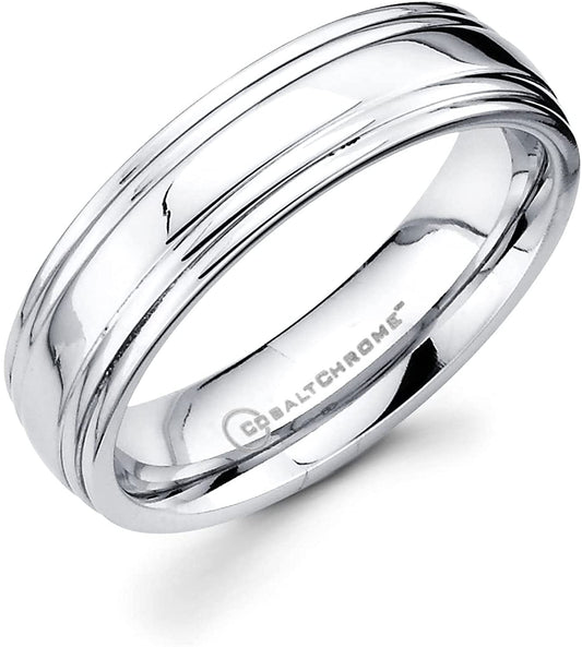 Cobalt Chrome 6mm Comfort Fit Low Dome Double Stepped Channel Edge Fashion or Wedding Band Ring