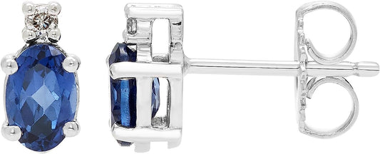 Lab-Grown Blue Sapphire Oval Cut & Diamond Accented Stud Earrings in .925 Sterling Silver