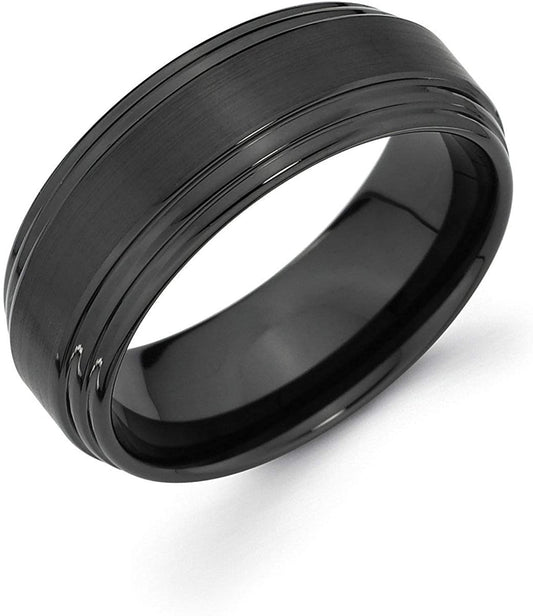 Black Ceramic 8mm Raised Center & Double Stepped Channel Edge Fashion or Wedding Band Ring