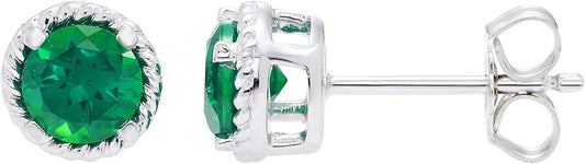 Sterling Silver Lab-Grown Emerald Halo Rope Stud Earrings