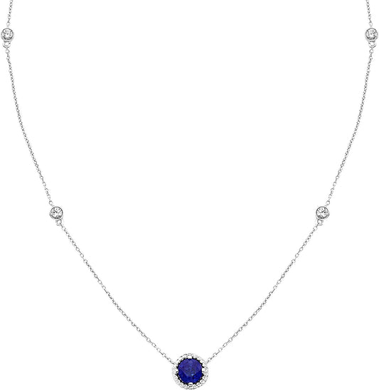 Sterling Silver Lab-Grown Blue & White Sapphire Necklace, 20" cable chain