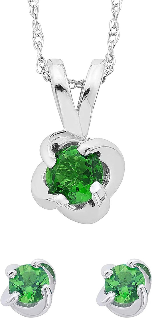 Sterling Silver Lab-Grown Emerald 4-Prong Twist Solitaire Earrings & Pendant Set with Chain